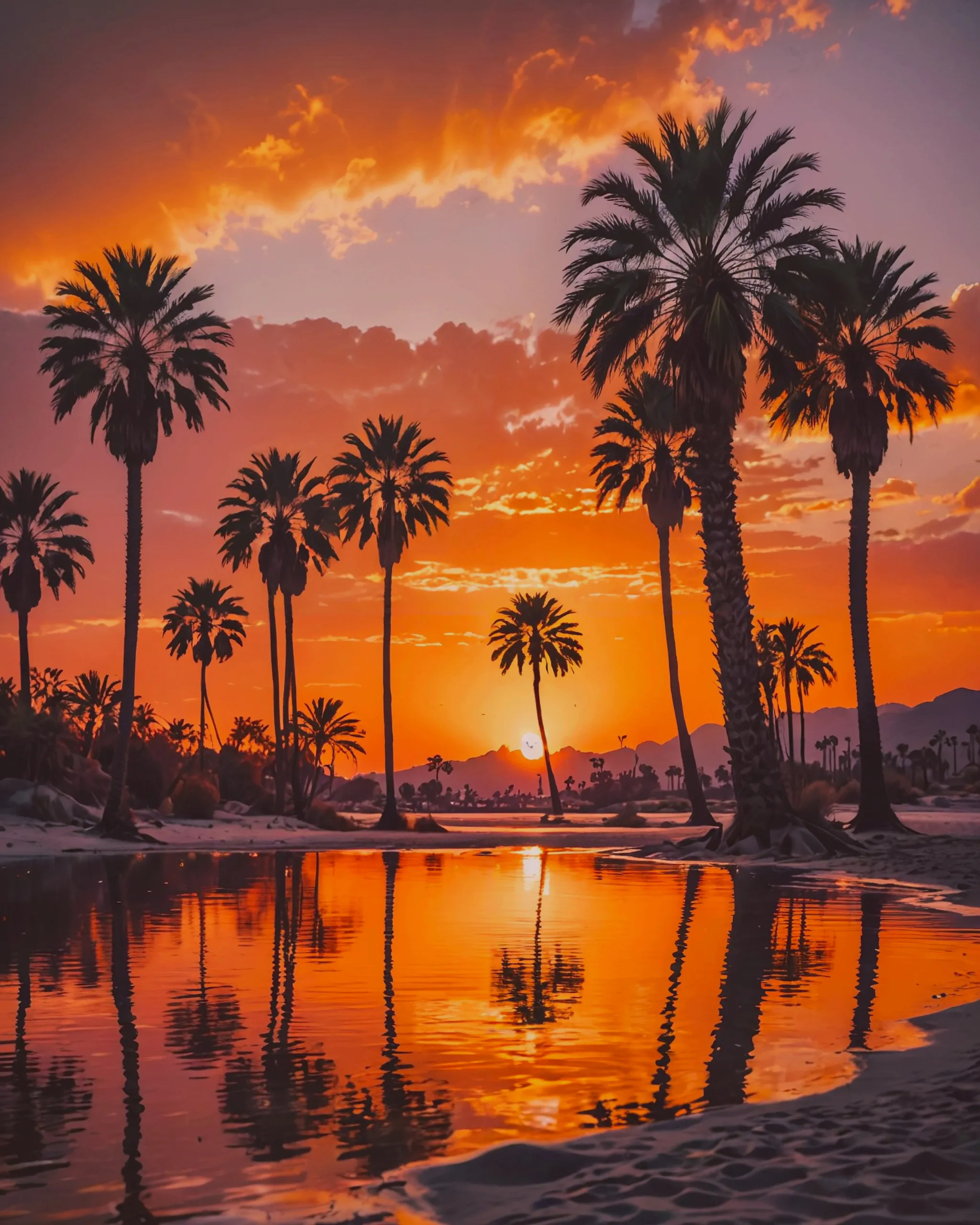 An oasis in the vast Sahara Desert at sunset, the golden sun dipping below the horizon. Its warm light reflects on the tranquil water, casting a glowing, orange-pink hue across the scene. Palm trees line the water’s edge, their silhouettes stark against the colorful sky. The intense heat creates a mirage, warping the reflection of the setting sun and turning the scene into an abstract painting. The sand dunes ripple in soft waves, blending hues of gold, purple, and coral, as the oasis seems to melt into the desert in a surreal, dreamlike way