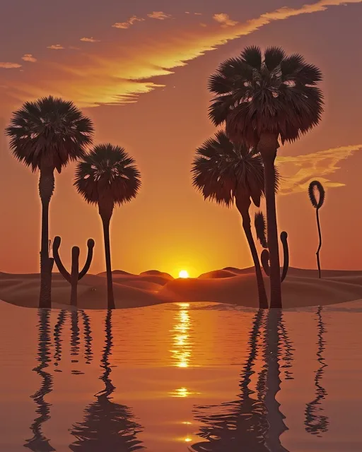 An oasis in the vast Sahara Desert at sunset, the golden sun dipping below the horizon. Its warm light reflects on the tranquil water, casting a glowing, orange-pink hue across the scene. Palm trees line the water’s edge, their silhouettes stark against the colorful sky. The intense heat creates a mirage, warping the reflection of the setting sun and turning the scene into an abstract painting. The sand dunes ripple in soft waves, blending hues of gold, purple, and coral, as the oasis seems to melt into the desert in a surreal, dreamlike way