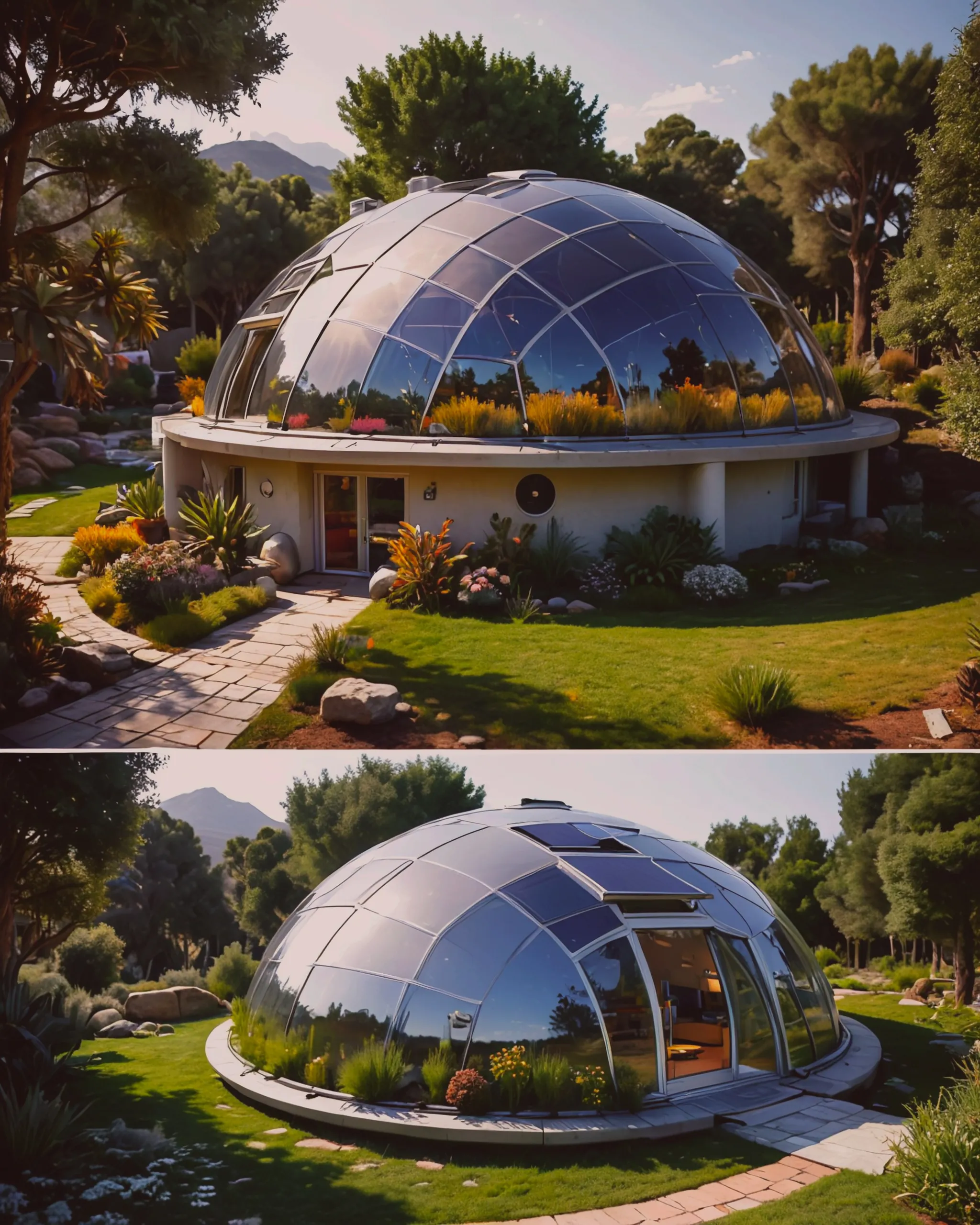 Futuristic Solar Dome House: “Design a small, energy-efficient home in the shape of a dome, powered entirely by solar panels integrated into the roof. The house should have a futuristic feel, with curved walls, sleek surfaces, and an open-plan interior. Surround the home with drought-resistant plants and natural landscaping.”