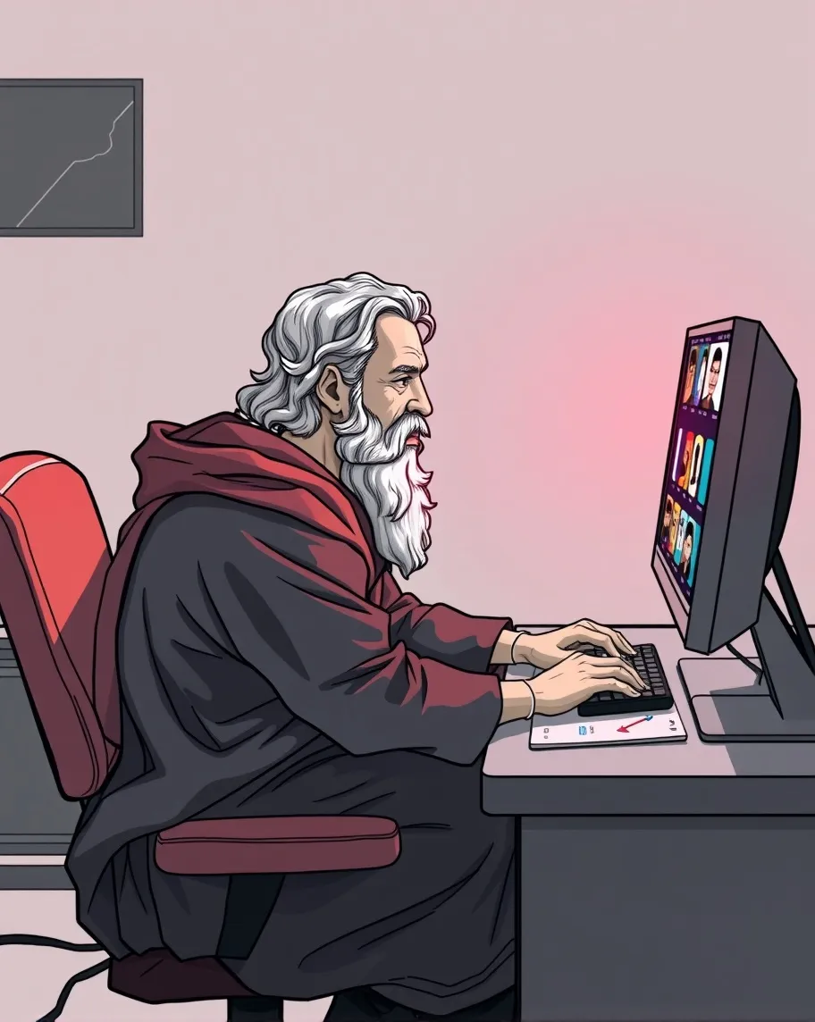 Socrates sits front a computer, - Free AI Photo Generator - starryai