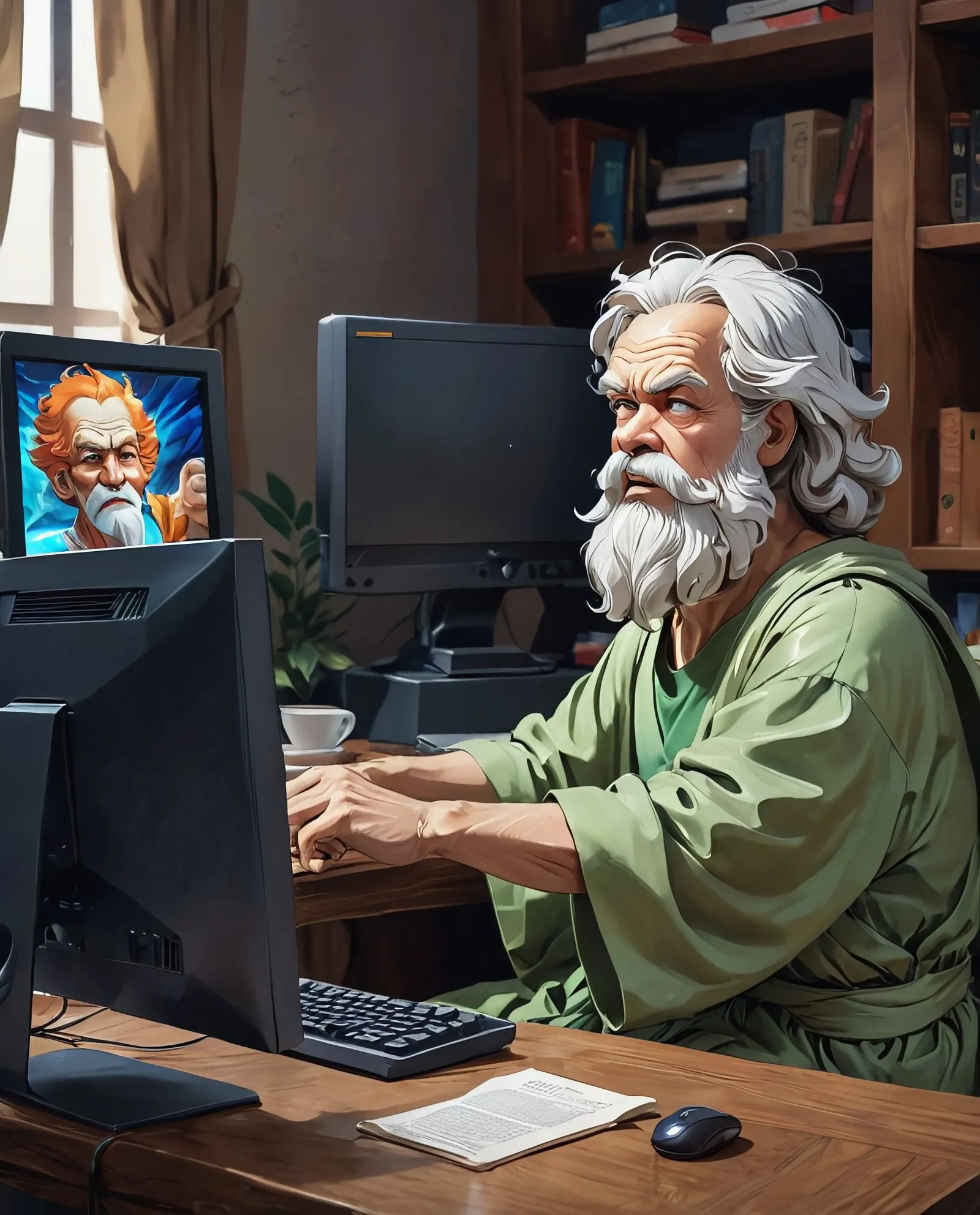 Socrates sits front a computer, - Free AI Photo Generator - starryai