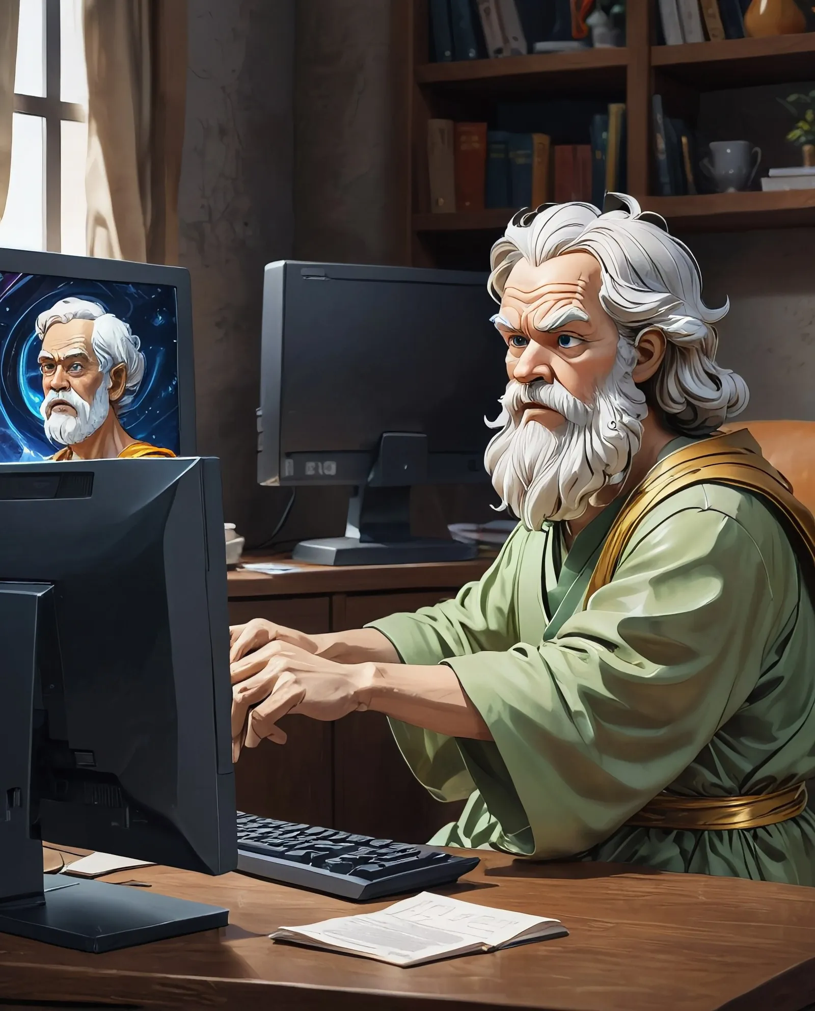 Socrates sits front a computer, - Free AI Photo Generator - starryai