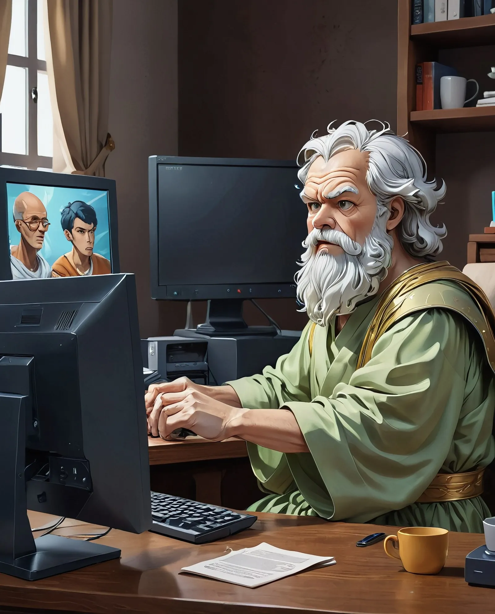 Socrates sits front a computer, - Free AI Photo Generator - starryai