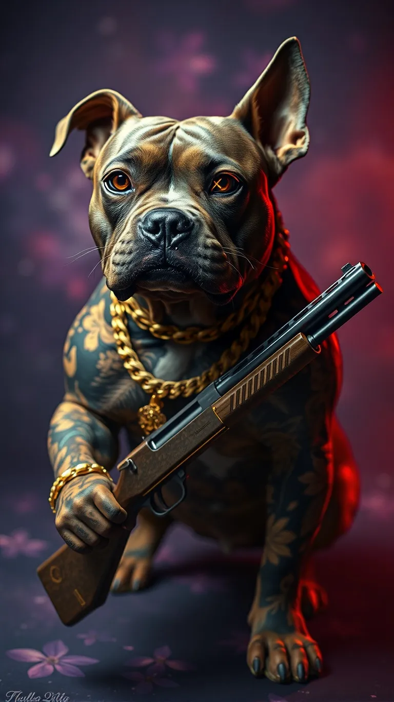 A muscular Pitbull terrier made of dark fabric wearing high heels, glowing cross stitched eyes, floral tattoos on stitched skin, abundant gold jewelry, holding a sawed off shotgun in one hand. Whimsical yet menacing atmosphere, soft contrasts of vibrant color and dim light in a cosmic background