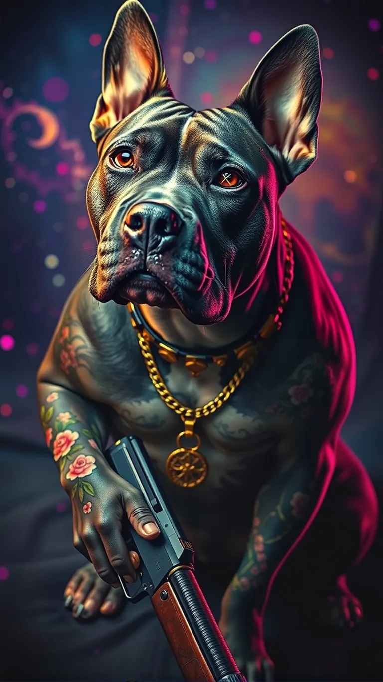 A muscular Pitbull terrier made of dark fabric wearing high heels, glowing cross stitched eyes, floral tattoos on stitched skin, abundant gold jewelry, holding a sawed off shotgun in one hand. Whimsical yet menacing atmosphere, soft contrasts of vibrant color and dim light in a cosmic background