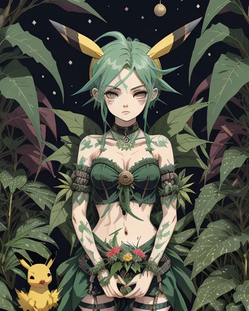 Green haired goddess petite body frame and goth inspired attire  in front of plants with magical animals 