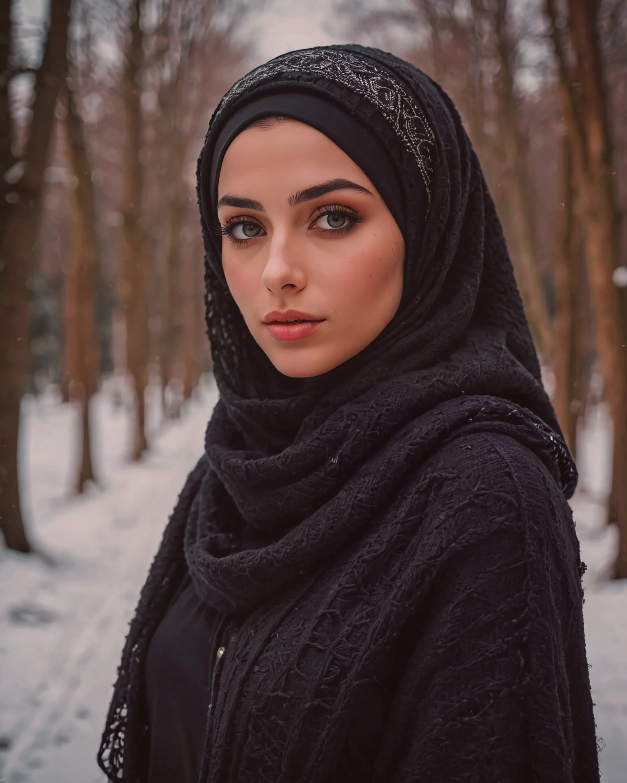 Beautiful girl wearing a black hijab over the head and covering the neck with gorgeous black keffiyeh scarf and wearing a beautiful black woolen sweater for the winter 