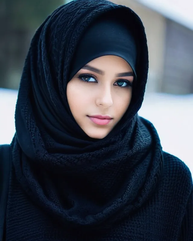 Beautiful girl wearing a black niqab with hijab over the head and covering the neck with gorgeous black keffiyeh scarf and wearing a beautiful black woolen sweater for the winter 