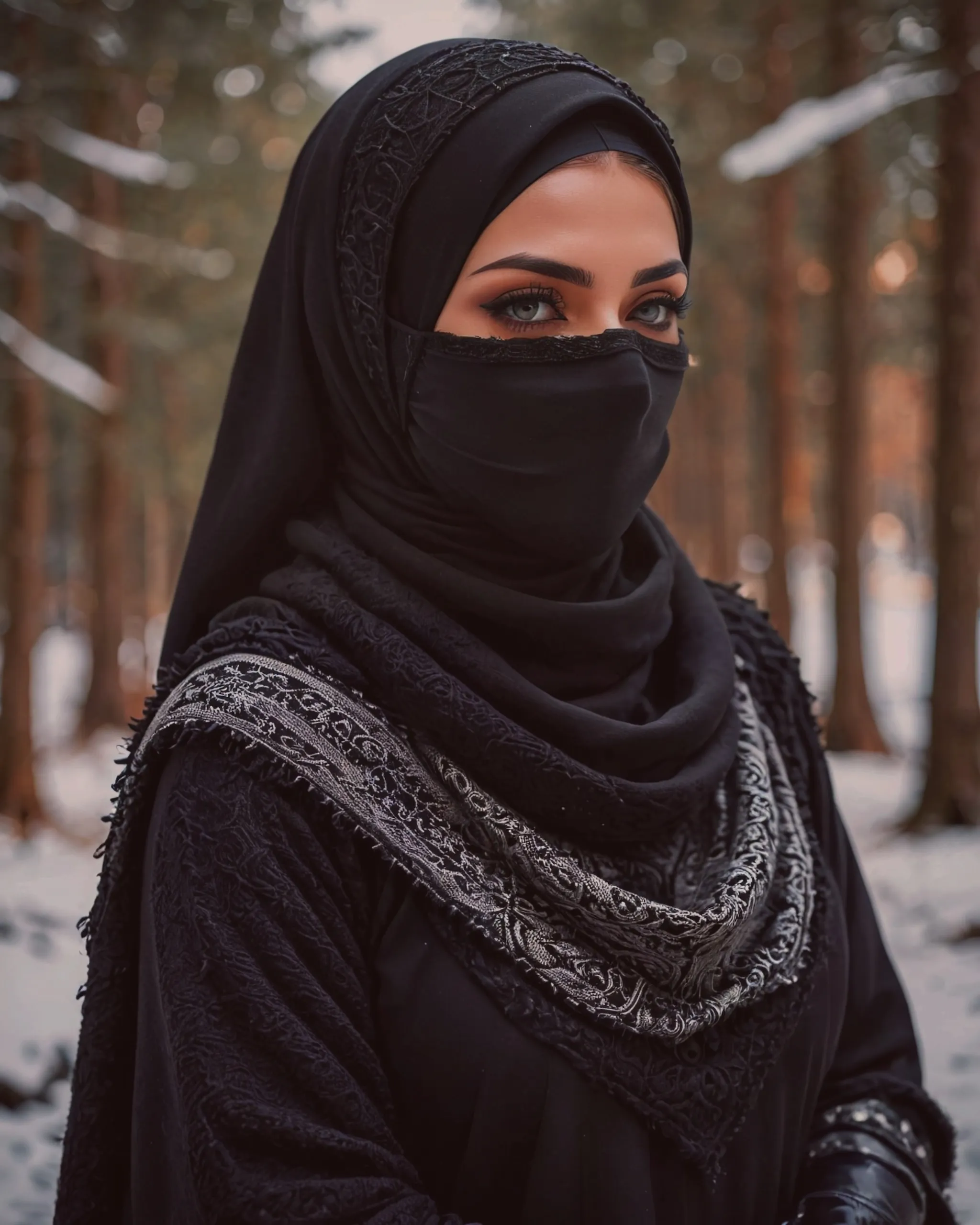 Beautiful girl wearing a black niqab with hijab over the head and covering the neck with gorgeous black keffiyeh scarf and wearing a beautiful black woolen sweater for the winter 