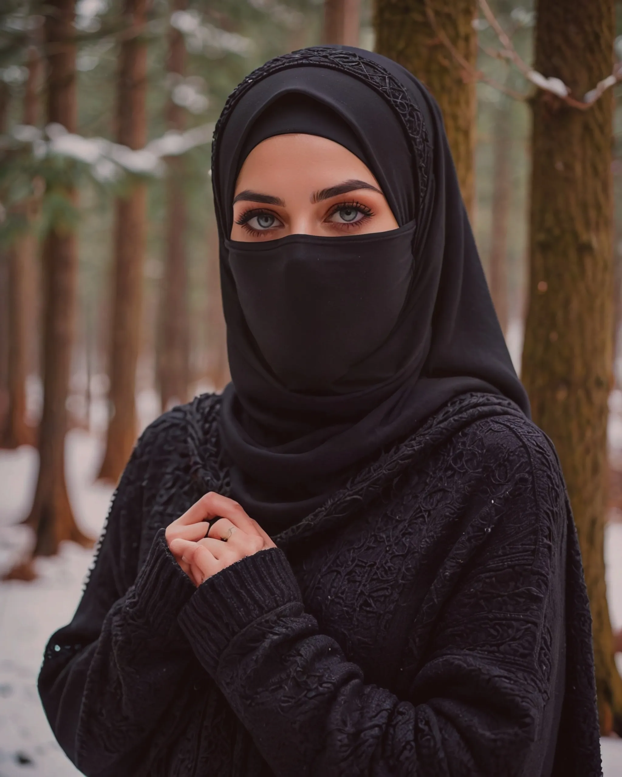 Beautiful girl wearing a black niqab with hijab over the head and covering the neck with gorgeous black keffiyeh scarf and wearing a beautiful black woolen sweater for the winter 