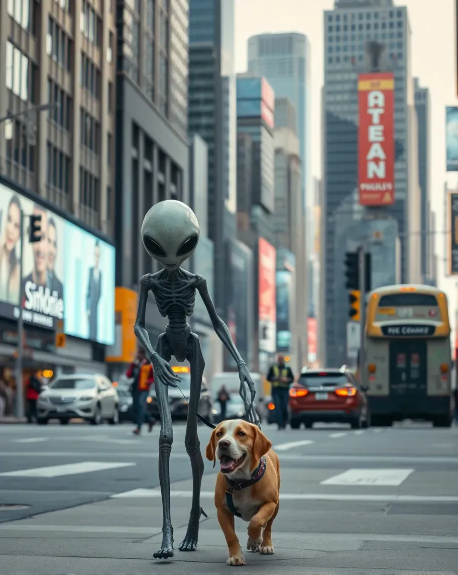 Dog Alean alien walking a dog a busy a red - Free AI Photo Generator - starryai