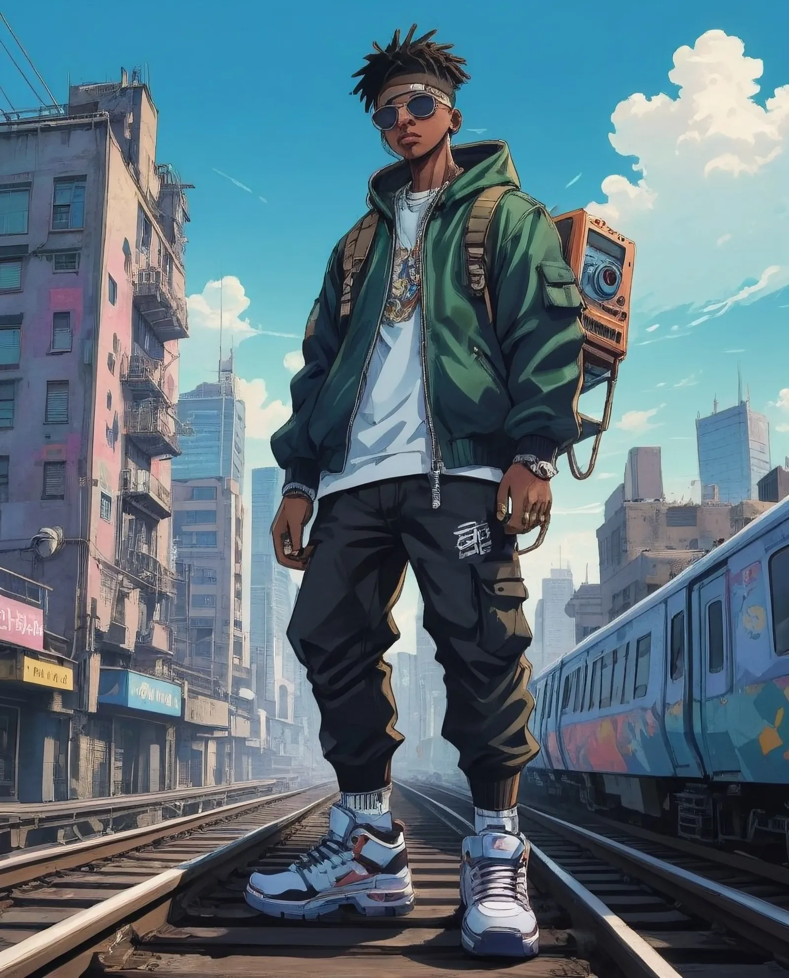 A futuristic Thug standing on top of a train with a boombox, 90s toon style, Urban Enigma