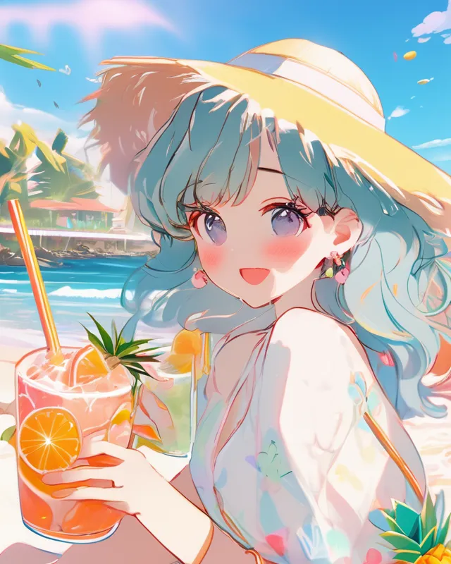 Beachy summer vibes, sunny day at the tropical seaside, fruity drinks, hot summers day, cute beachy outfit, by the sea bright vibrant colours cute aesthetic 8k images