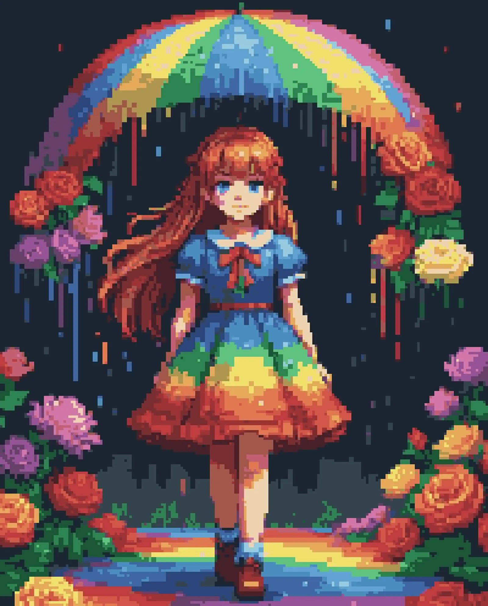 a anime girl in a rainbow dress surrounded by rain bow roses and her dress is made of roses