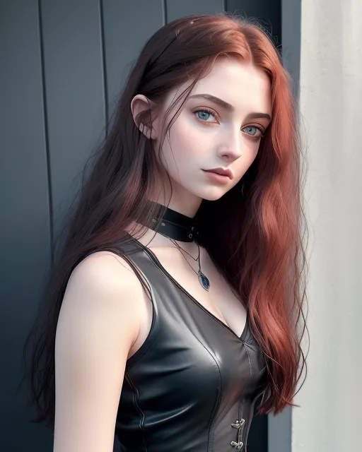 1girl, graceful dreamgirl, goth woman, 20-year old, smooth soft skin, looking like a blend of  Cindy Kimberly and Sophie Turner, long ginger hairstyle, expressive blue-grey eyes, dark goth eyeshadow, silky hair, sleeveless leather goth dress, plain necklace, stunning black burnt wooden wall background, photographic, realistic, UHD