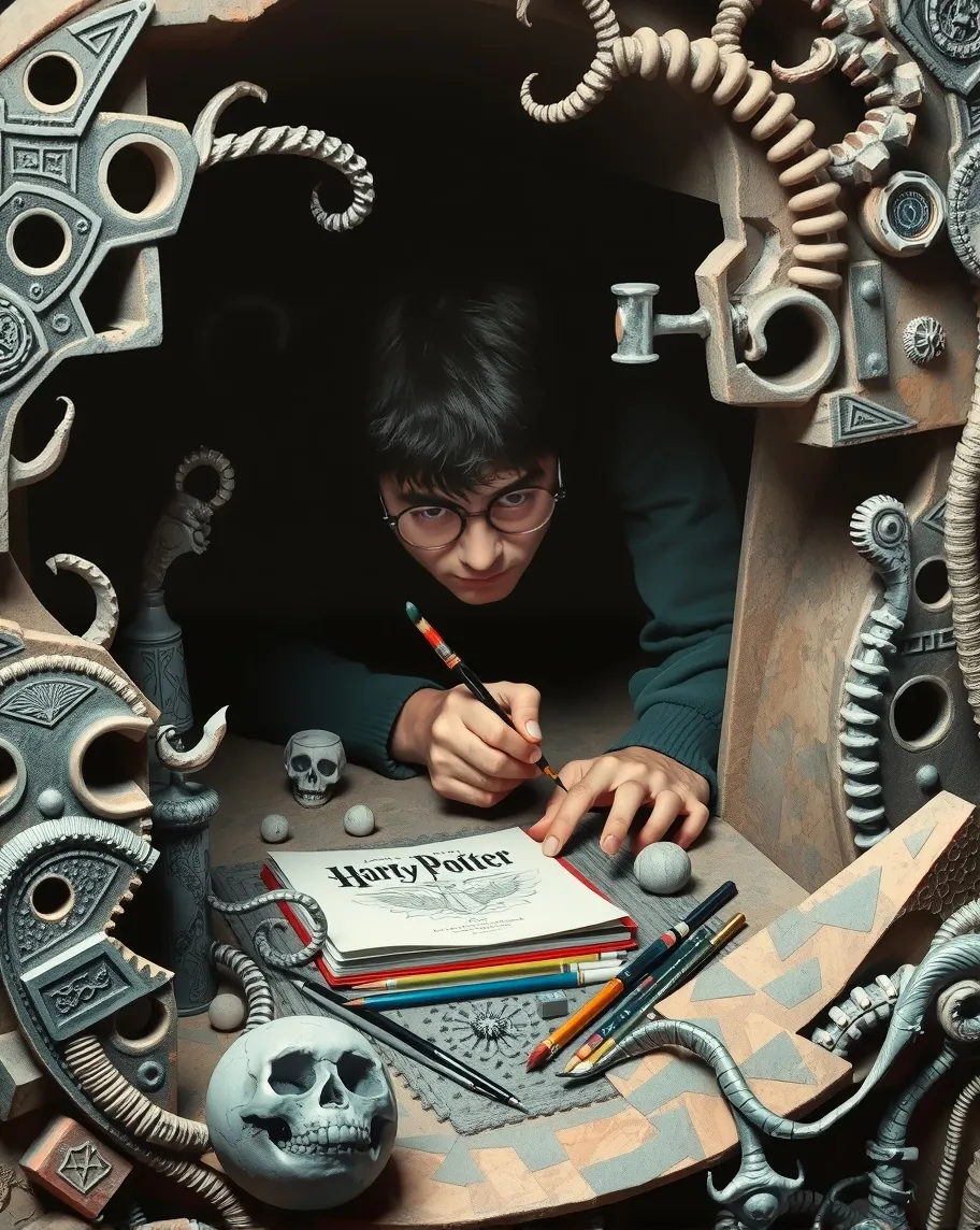 Harry Potter is drawing with a paintbrush on a canvas imprisoned in a Philosopher’s stone, Bosch, Giger, Escher, horror, detailed, Dystopic, complex, mysterious. 