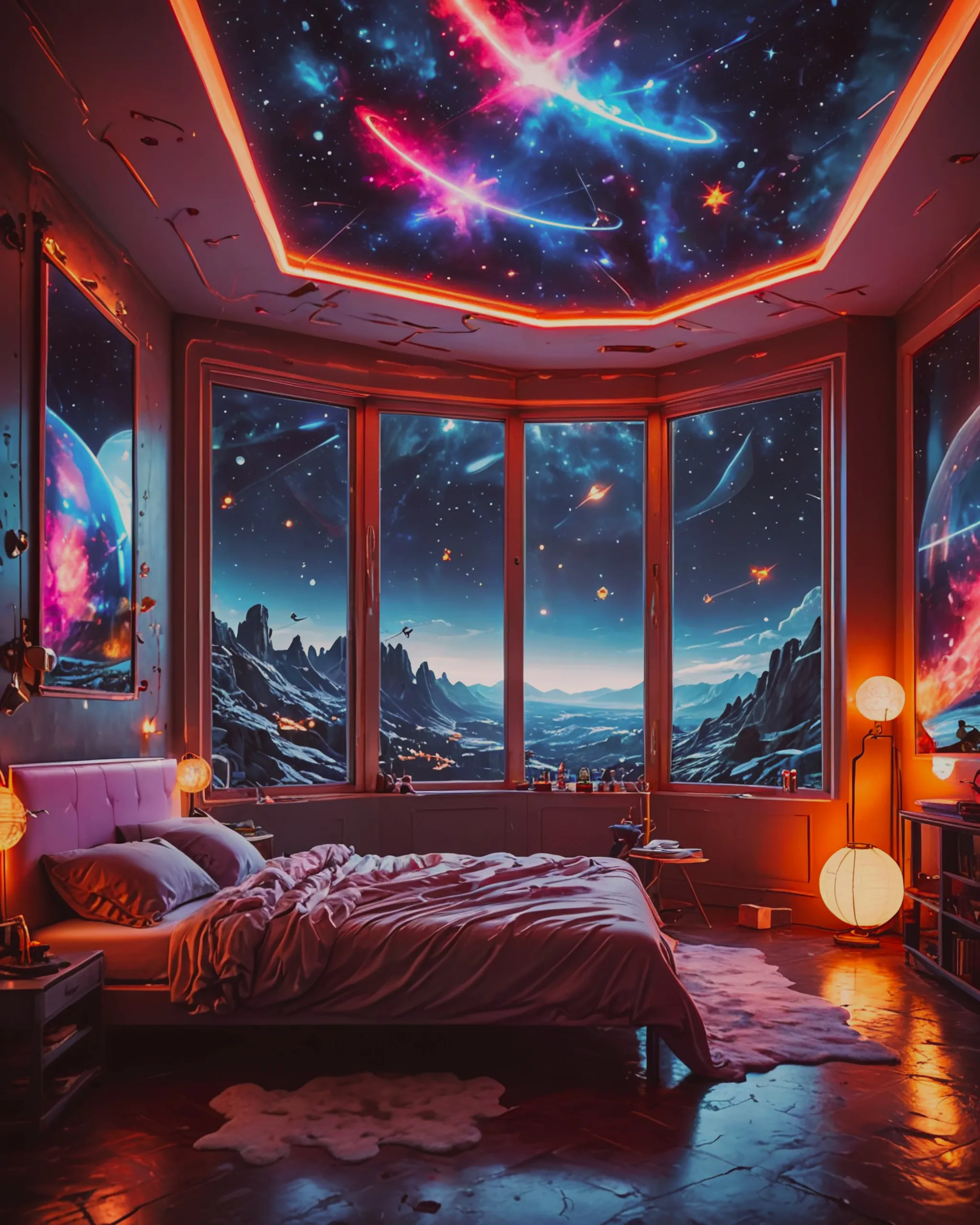 A vaporwave bedroom but at night. There should be a big window showing the stars. There should be star shaped lights floating around. 