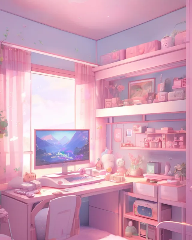 Pastel Computer Room Gaming room, cozy vibe, pastel on - Free AI Photo Generator - starryai