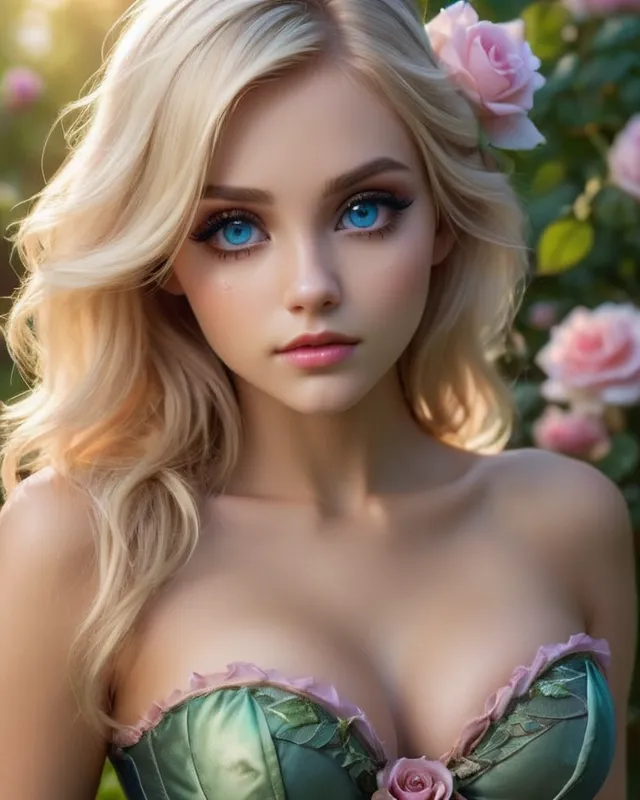 a gorgeous woman wearing a fairy bustier, perfect eyes, elegant blonde, rose garden, moonlight and shadows, 8k, epic colors, fantasy, perfectly intricate, beautiful eyes, masterpiece