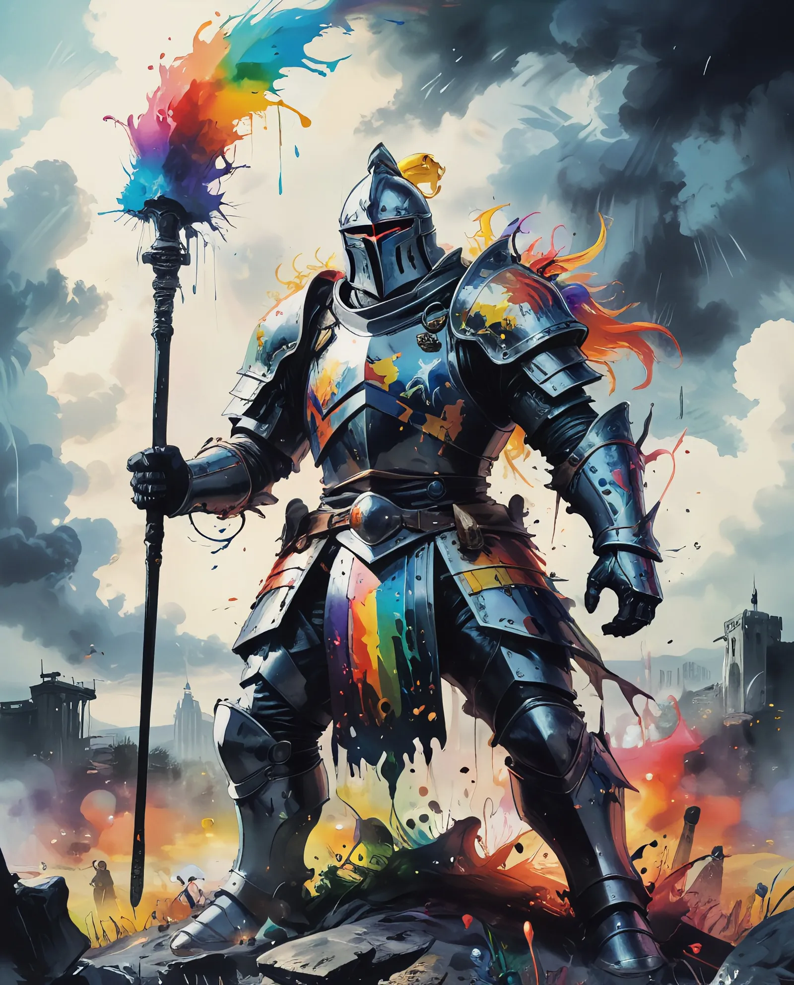 A colourful knight wearing a full - Free AI Photo Generator - starryai