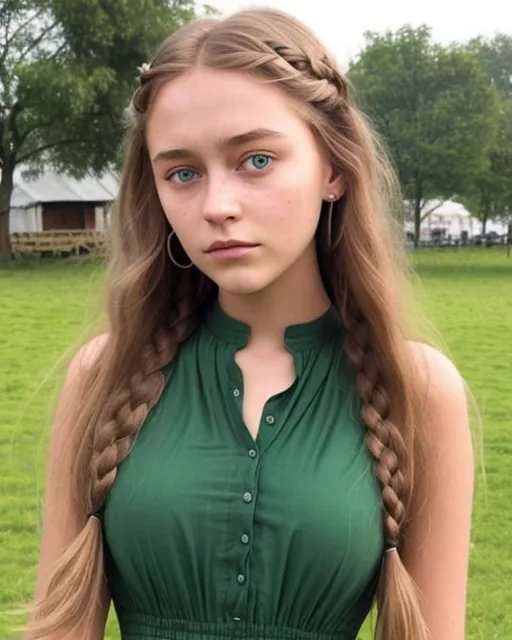 Clara is a 20 year-old Danish woman, she has 'long braided' 'Dark-brown' hair, she has 'Emerald-green' pupils/irises, she always wears 'Jade-green' dresses.