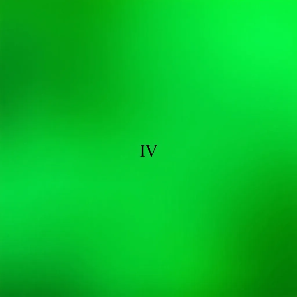 Create a 3000x3000 pixel image of a colour gradient with cinematic noise. There is a gradient between lush green colours. aethatic forest green like in film.In akira style font in the middle there is "IV" written