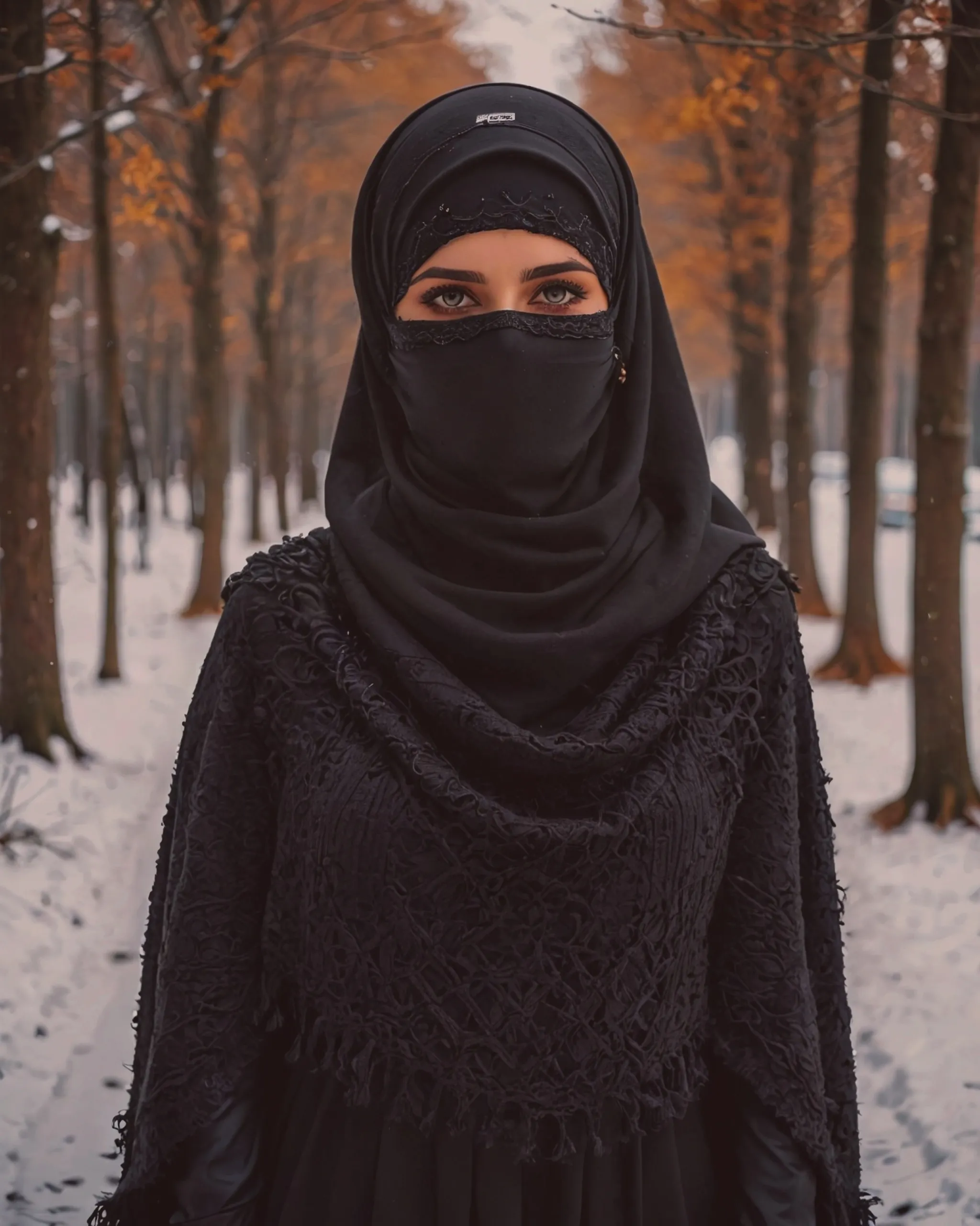 Beautiful girl wearing a black niqab with hijab over the head and covering the neck with gorgeous black keffiyeh scarf and wearing a beautiful black woolen sweater for the winter 