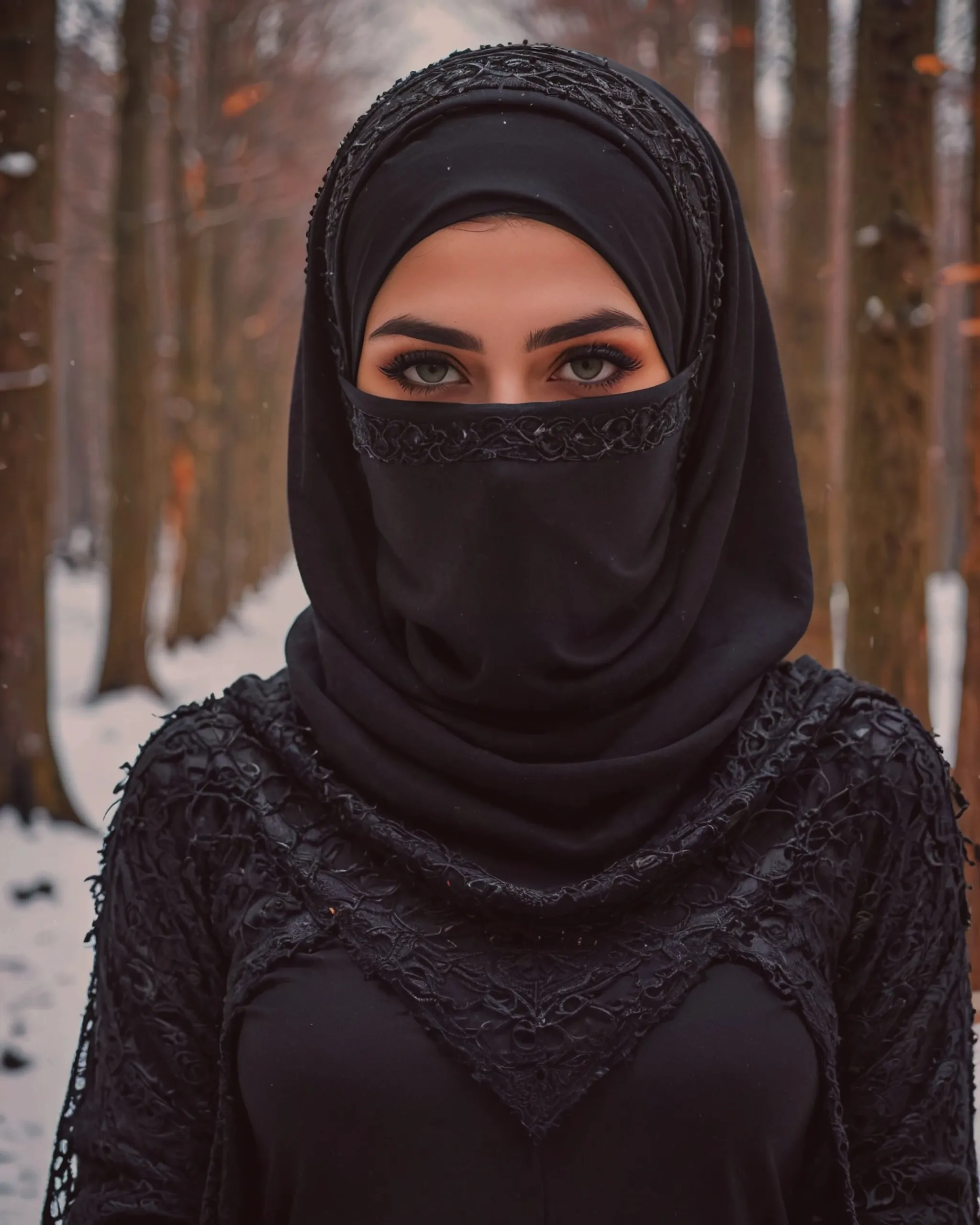 Beautiful girl wearing a black niqab with hijab over the head and covering the neck with gorgeous black keffiyeh scarf and wearing a beautiful black woolen sweater for the winter 