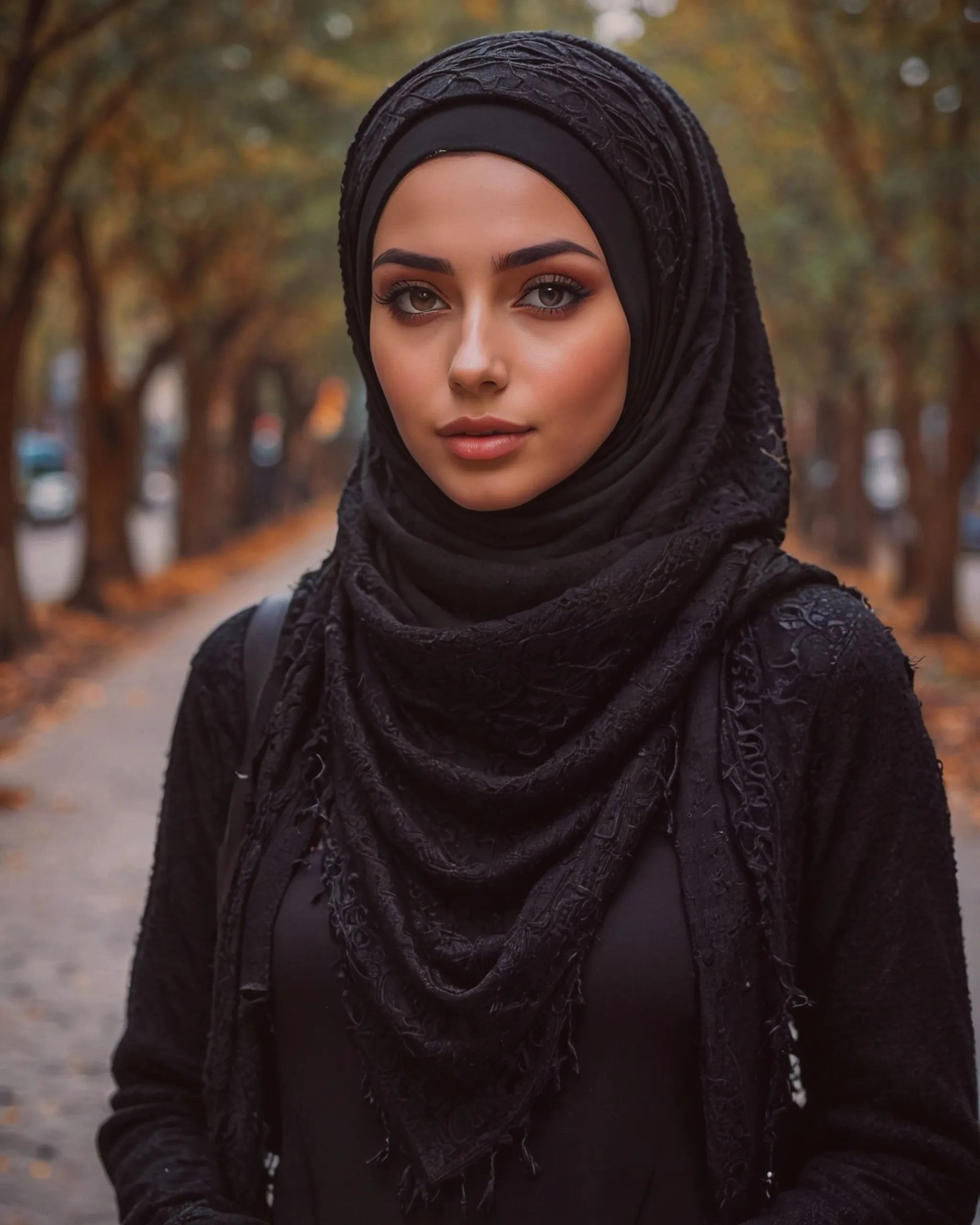 Beautiful girl wearing a black hijab with hijab over the head and covering the neck with gorgeous black keffiyeh scarf and wearing a beautiful black woolen sweater