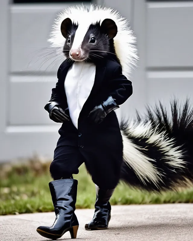 Anthropomorphic skunks strutting around in tall boots 