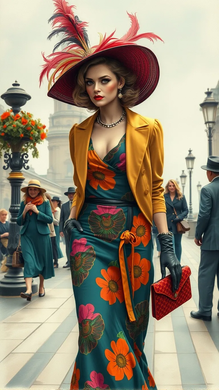 a fashionable woman (wears a colorful dress and an elegant jacket)