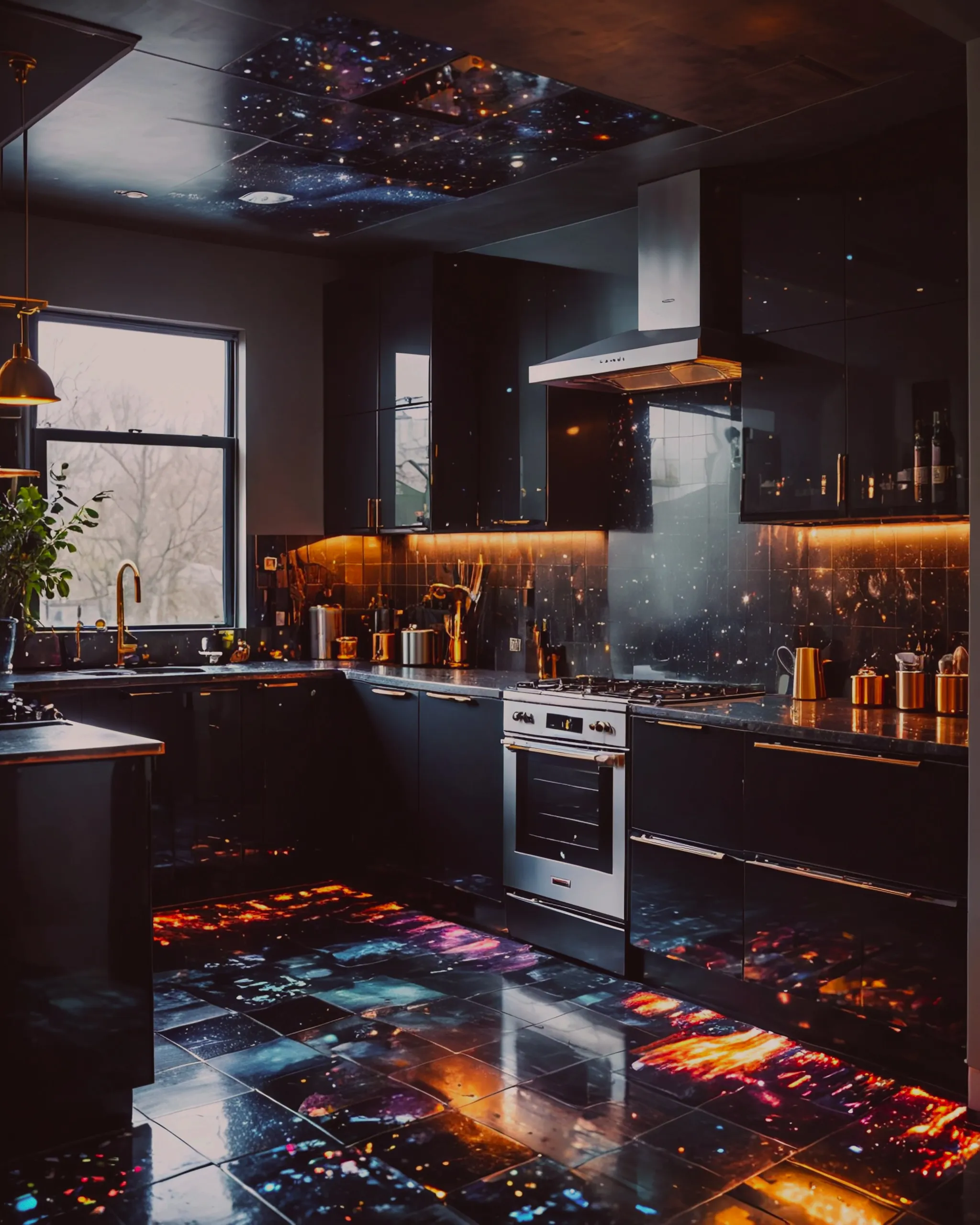 A rainbow obsidian themed kitchen 