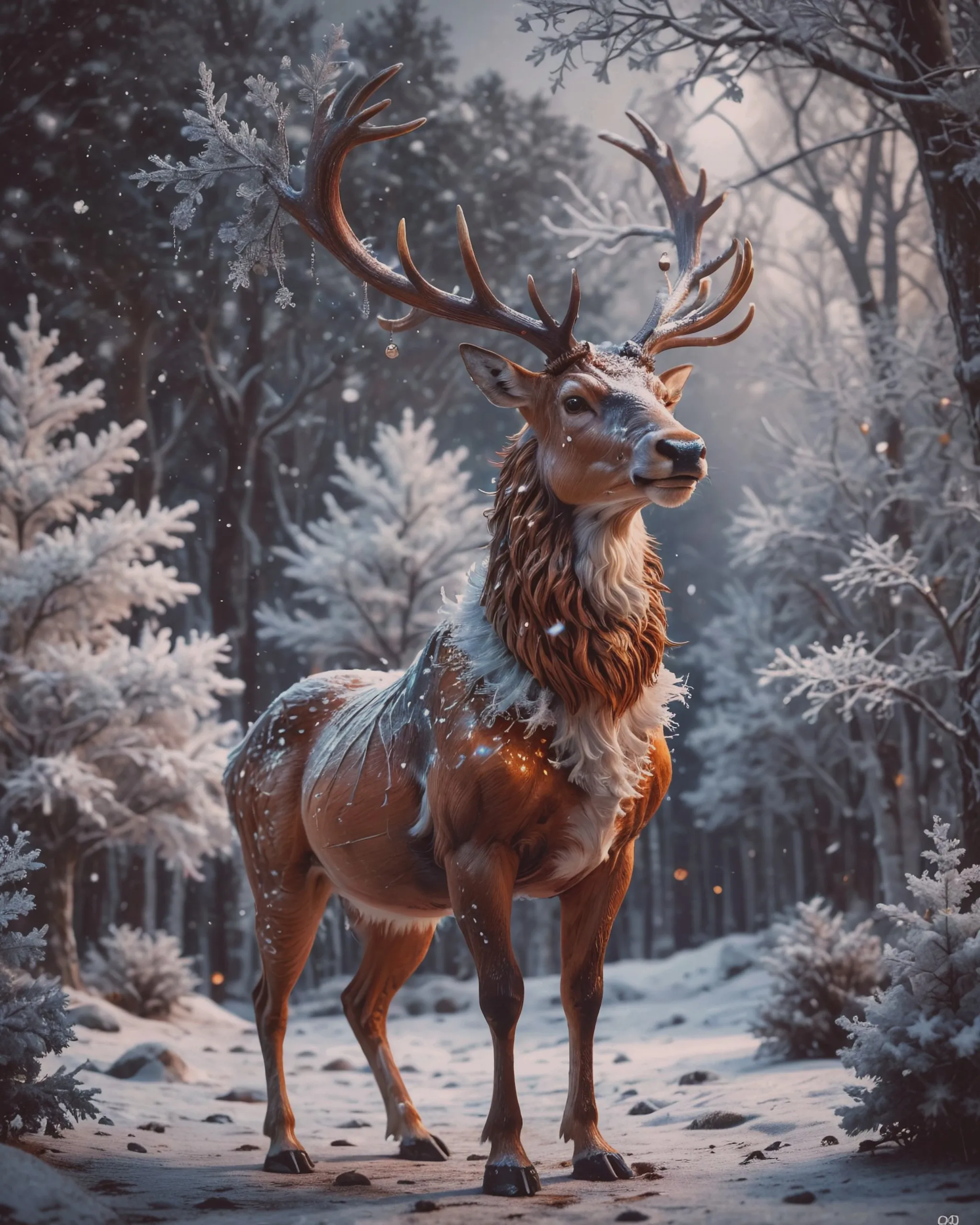 a reindeer that is standing in the snow, gorgeous 3d render, cgsociety 9, realistic digital art 4k, realistic digital art 4 k, inspired by Rudolph F. Ingerle, m