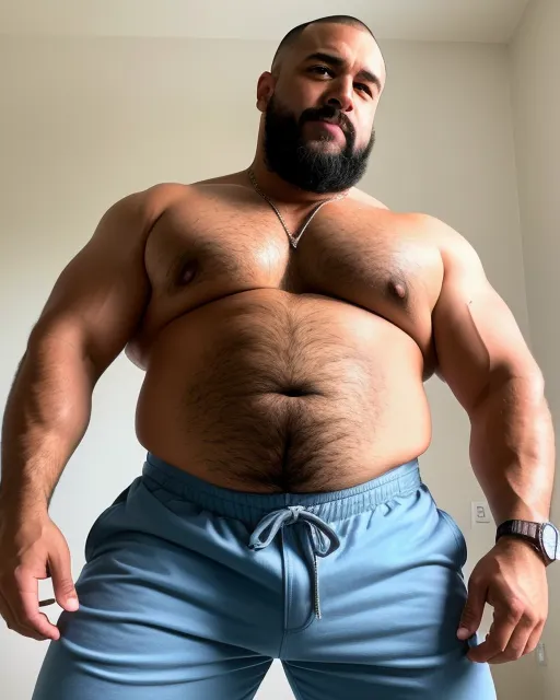 A photograph of a handsome hispanic friendly middle-aged big bearded burly beefy brawny bodybuilder with a big belly, bulging out of his coveralls this image is on a t-shirt with the text the way to a big man's heart is by rubbing his belly