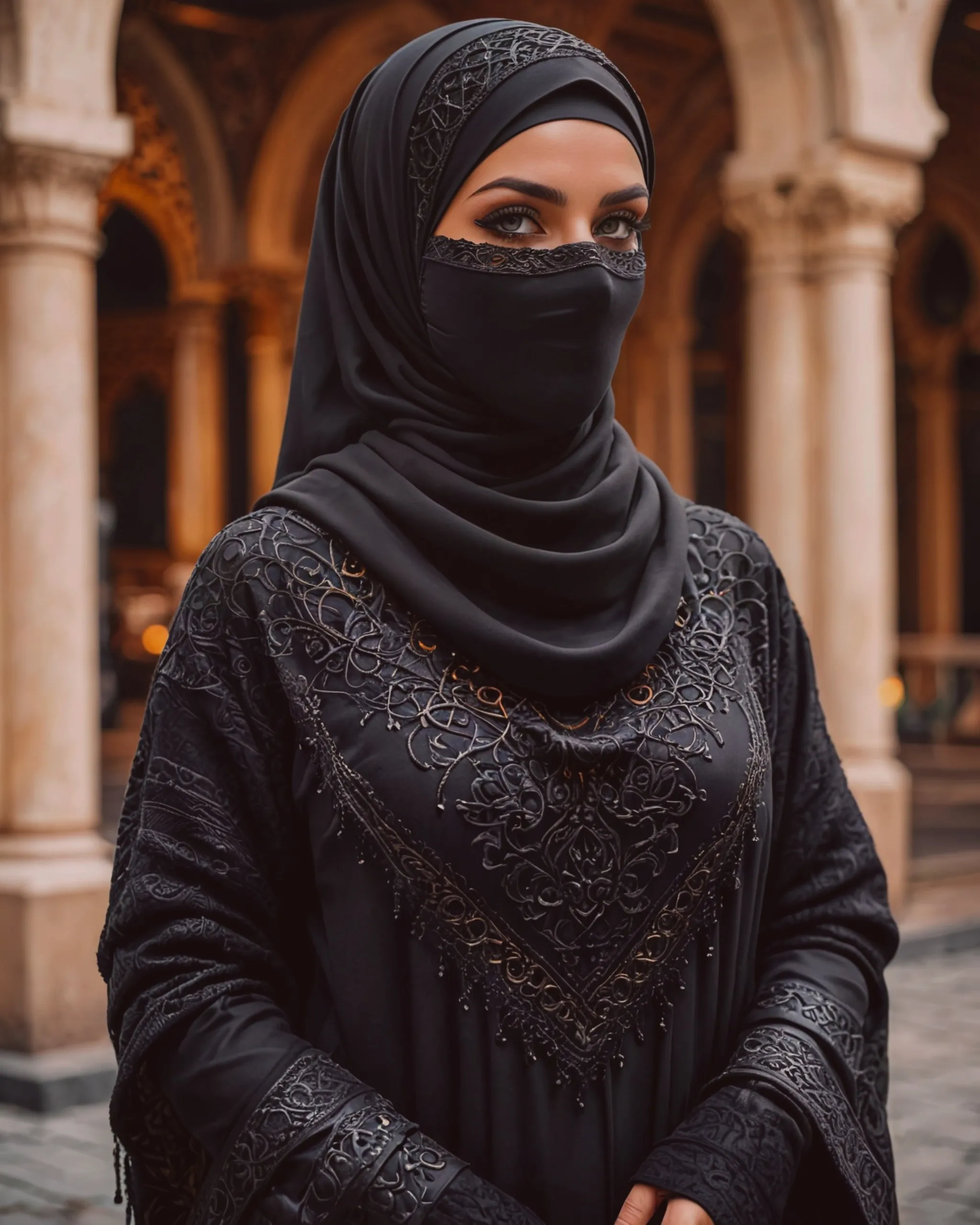 Beautiful girl wearing a black niqab with hijab over the head and covering the neck with gorgeous black keffiyeh scarf and wearing a beautiful black woolen sweater