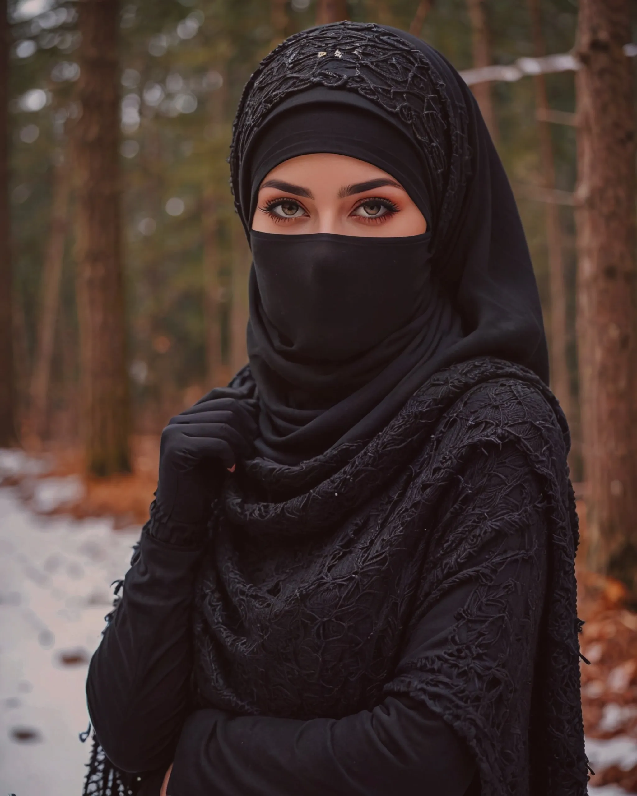 Beautiful girl wearing a black niqab with hijab over the head and covering the neck with gorgeous black keffiyeh scarf and wearing a beautiful black woolen sweater for the winter 