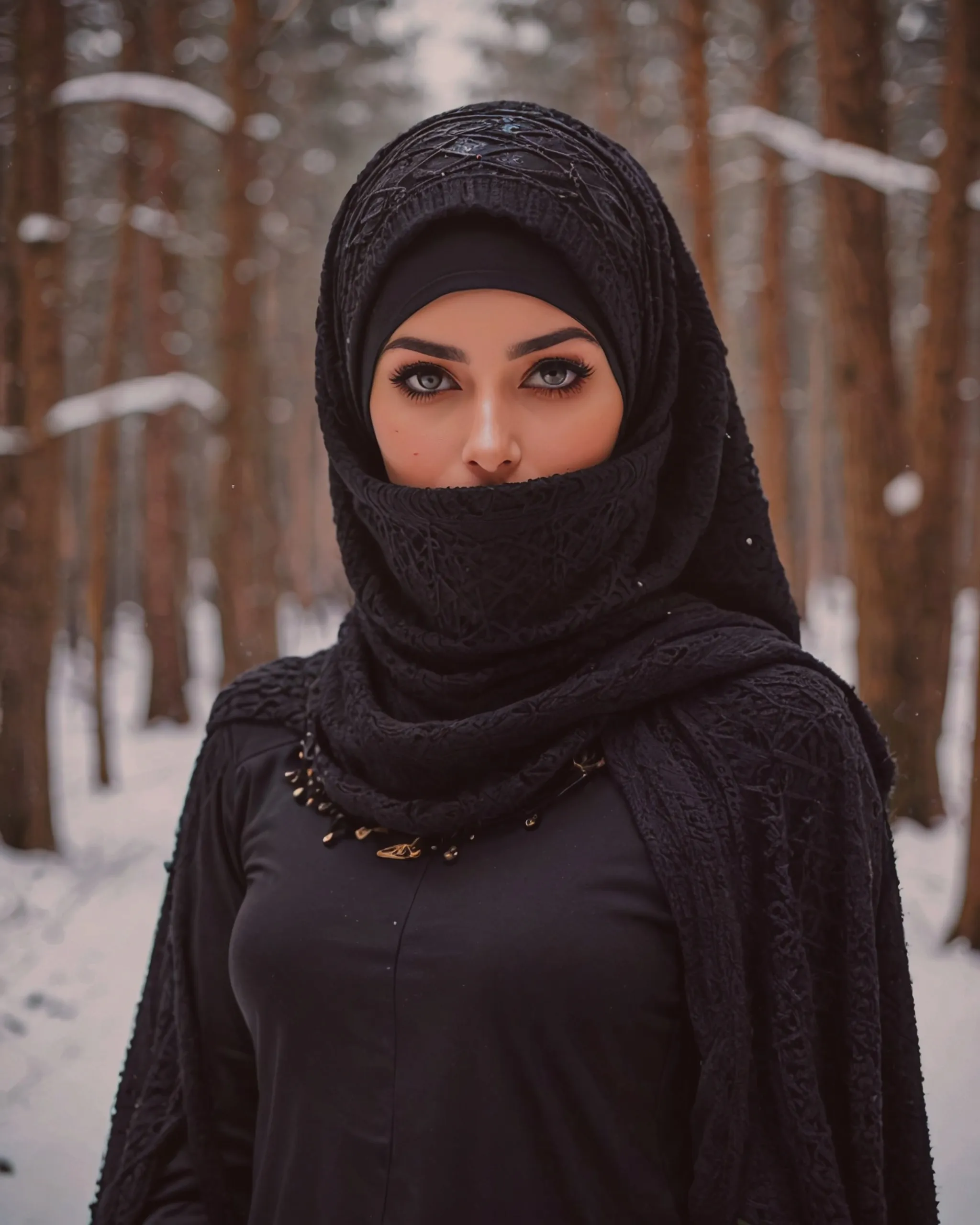 Beautiful girl wearing a black niqab with hijab over the head and covering the neck with gorgeous black keffiyeh scarf and wearing a beautiful black woolen sweater for the winter