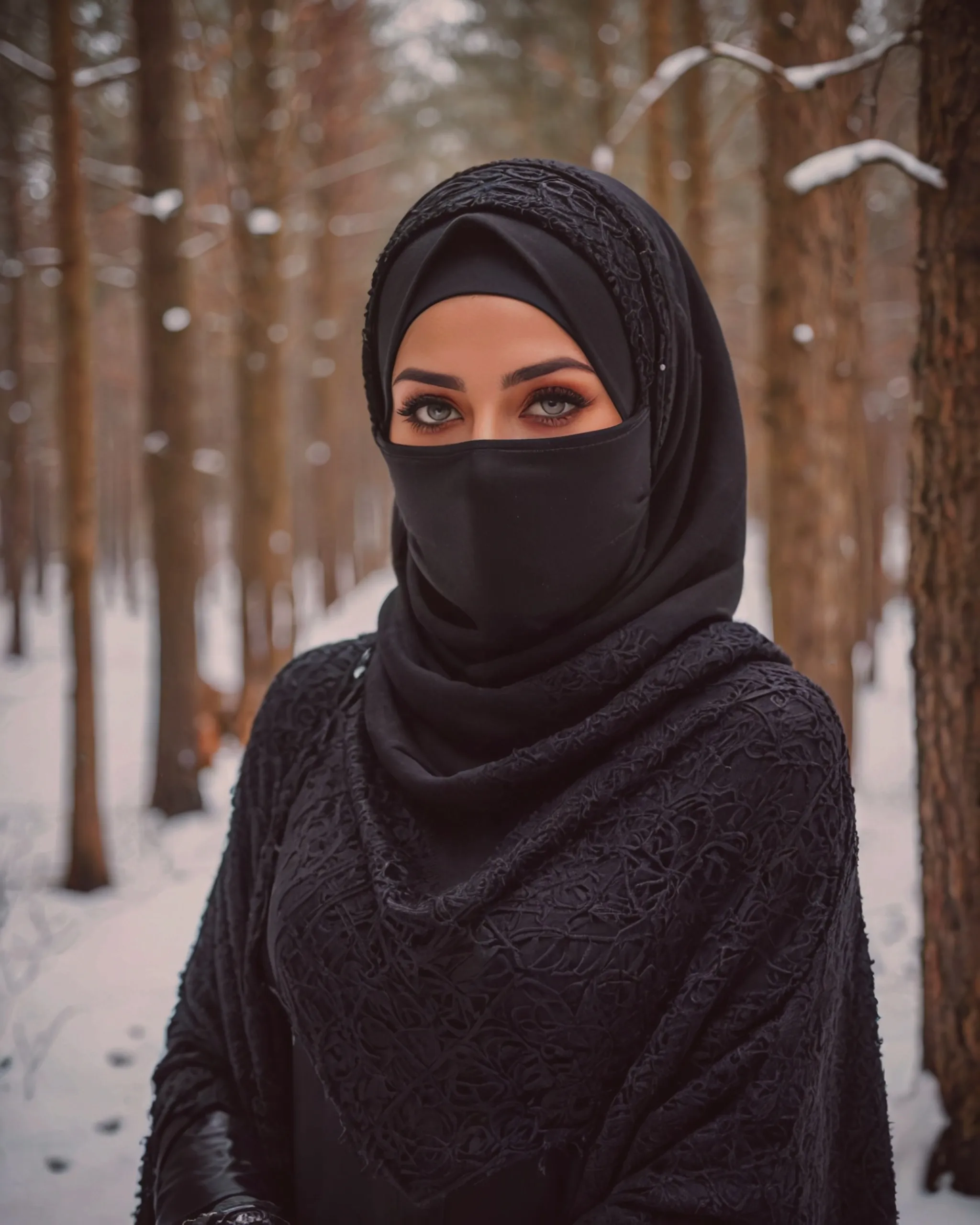 Beautiful girl wearing a black niqab with hijab over the head and covering the neck with gorgeous black keffiyeh scarf and wearing a beautiful black woolen sweater for the winter