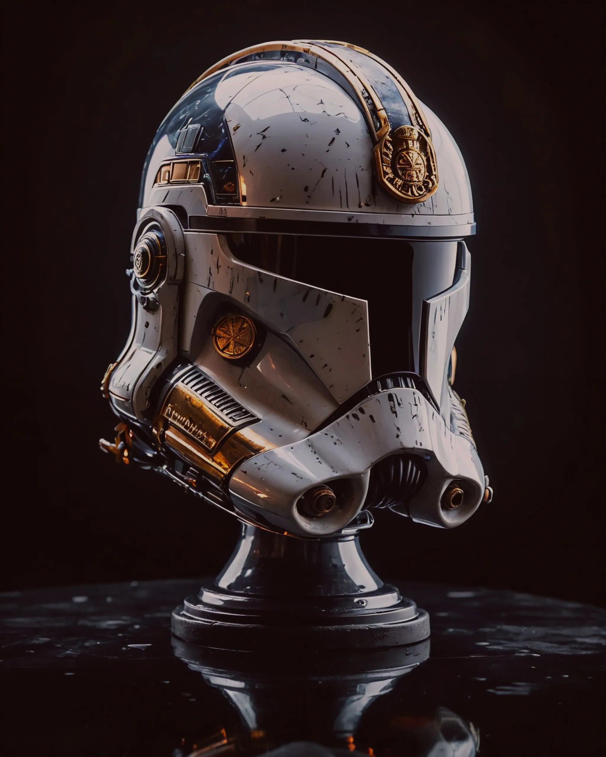 Clone trooper helmet combined with Roman helmet on mirror with black background and studio lights. 