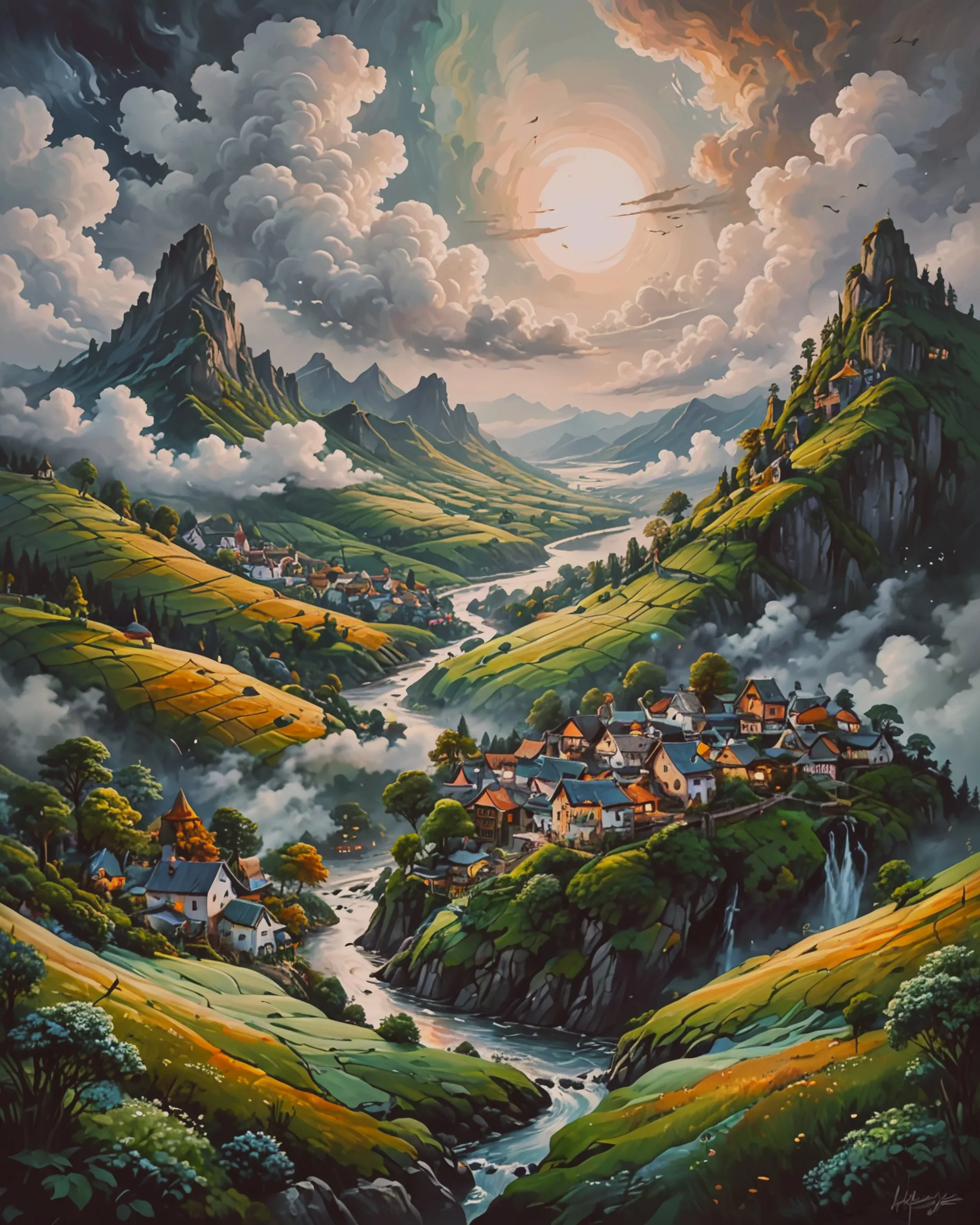 A fantasy landscape with an idyllic village on a river, ink on white canvas, ultra detailed, the objects swirl into the sky with ink