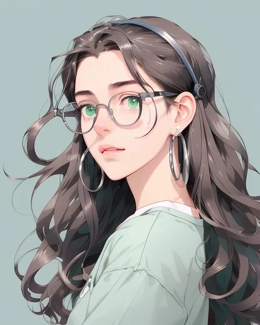 a girl with long curly dark brown hair, very light green eyes, round nose, wearing light dusty blue glasses that fade to dusty clear at the bottom with silver accents, slightly bushy eyebrows, light brown freckles and pink lips, wearing silver hoop earrings.