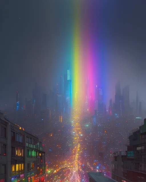 City of rainbow lights, high quality, Beautifully detailed, vibrant colors, with a picturesque view, high definition, high quality 