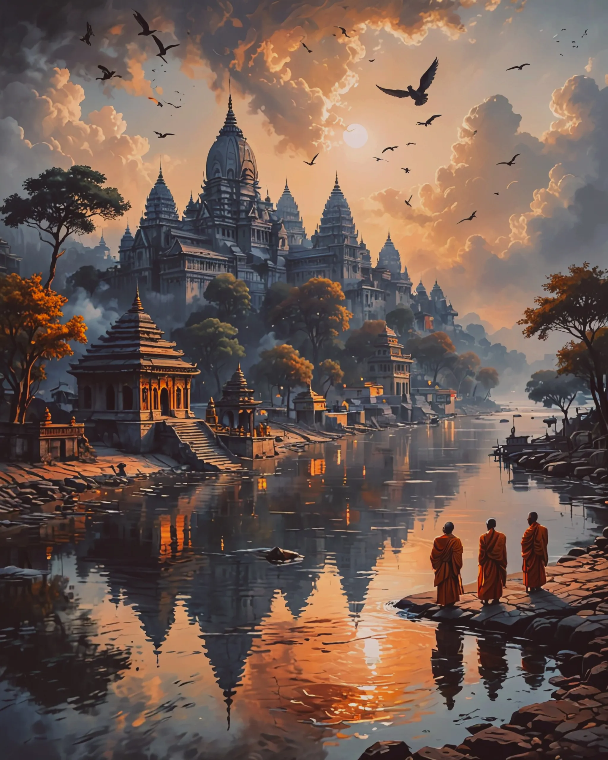 A tranquil riverside scene inspired by India's sacred Ganges, drawn in fine ink strokes. Majestic temples stand at the river’s edge with soft, reflective waters below. Monks in traditional robes, detailed in shadow and light, add to the mystique. The sky is alive with swirling clouds and birds, creating a serene, otherworldly beauty.