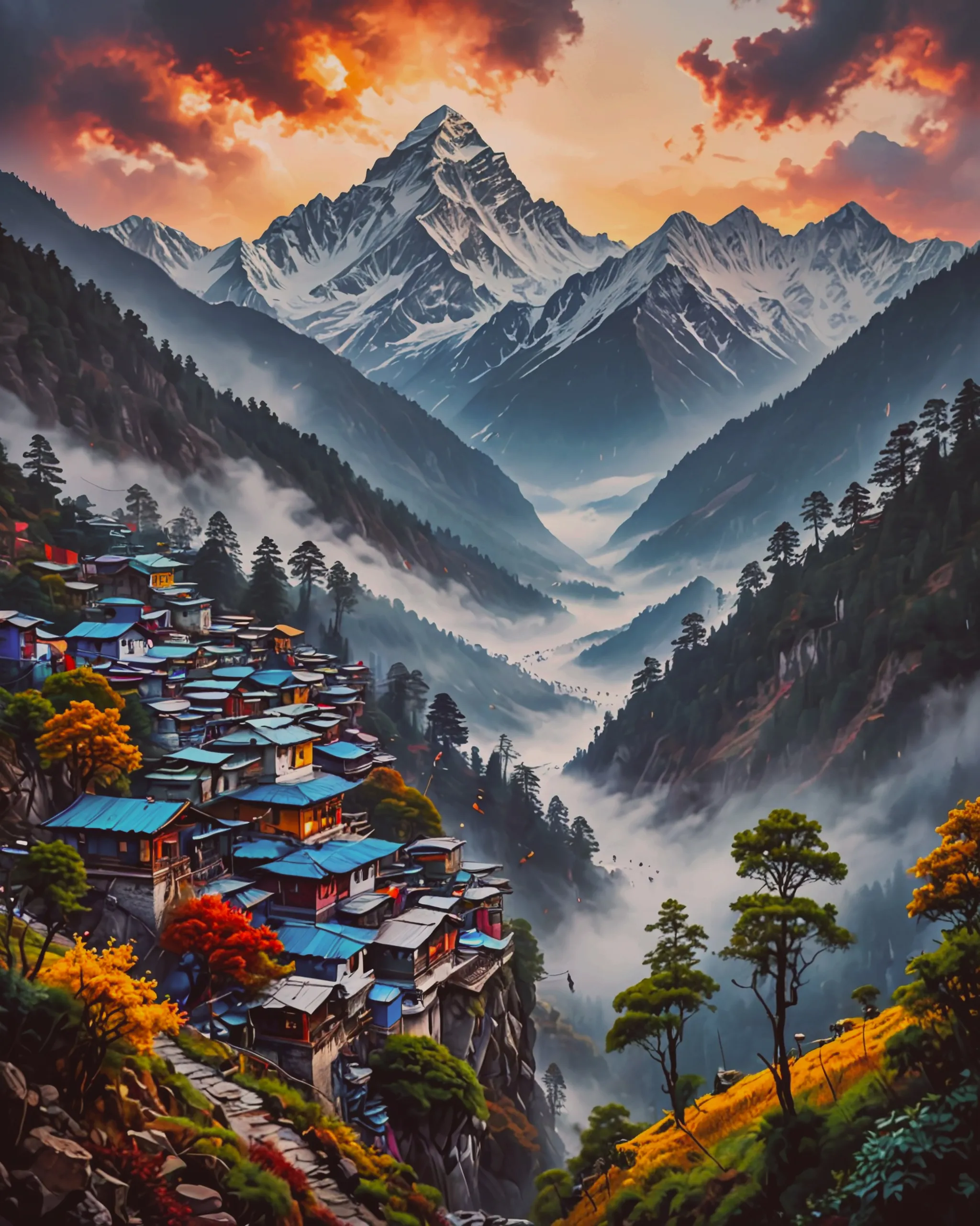 A surreal ink illustration of the Himalayas, with towering, snow-capped peaks overlooking a peaceful Indian village. Thin lines and intricate details capture misty forests, prayer flags fluttering in the wind, and traditional homes nestled into the mountain. This land feels timeless, touched by both natural beauty and ancient wisdom.