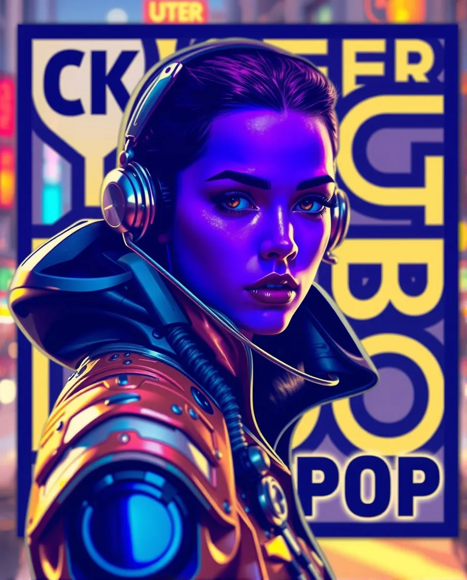 Cyberpop poster, bold colours, feminine mechanic, gold suit, robo-punk, scrap metal, cyber written in bold letters, cyber-punk scenery, tilt shift, forced perspective, dark, shadowy, urbanism, rush hour, menacing, majestic, mysterious, mystical, ethereal, fantasy, intricate details, vivid colours, cinematic beauty, psychedelic, polished, 4K, Chris Foss, Jim Burns, Jean Giraud