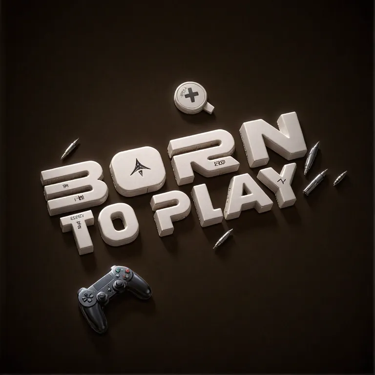 Logo “BORN to PLAY” silver metallic modern 3d font, game stuff in the background 