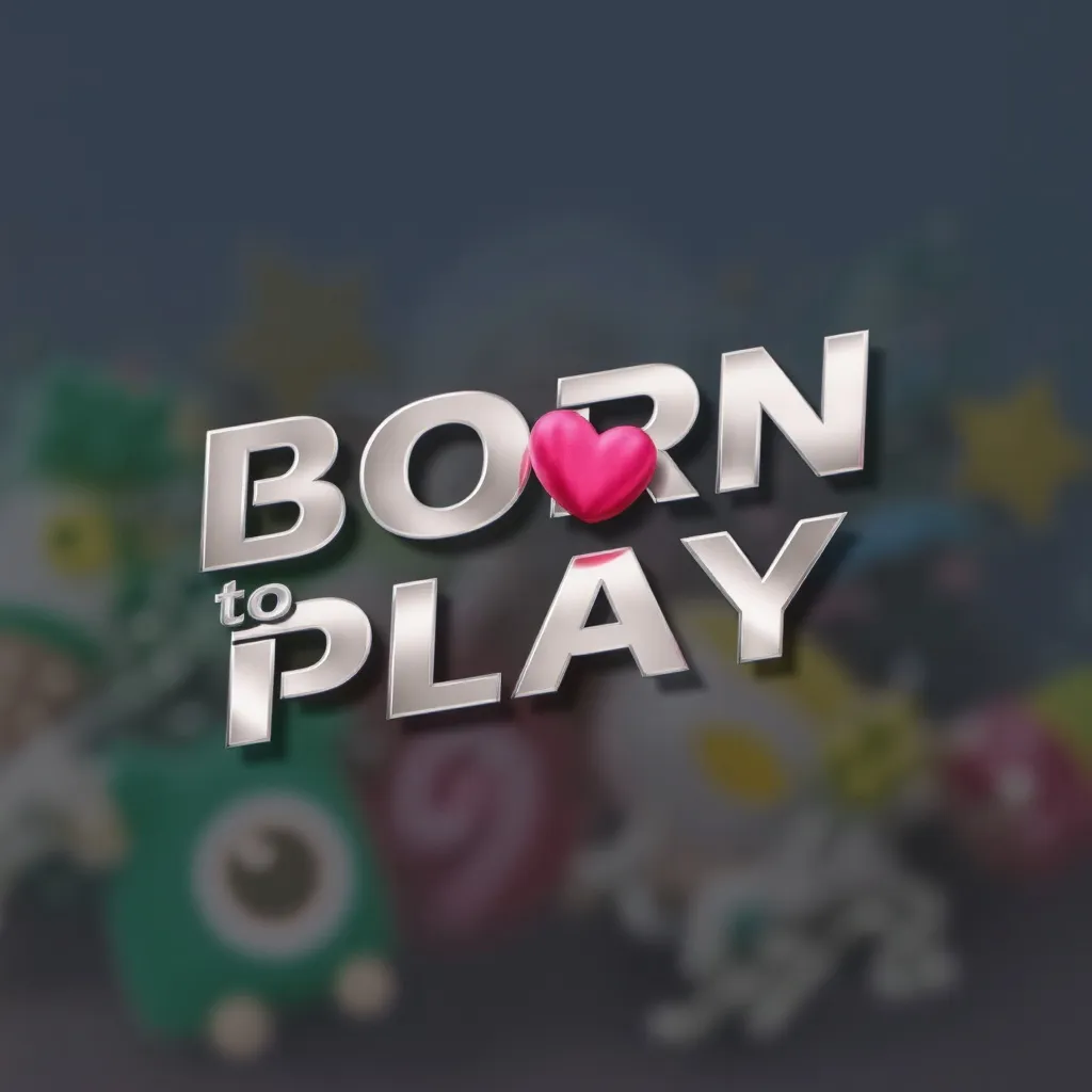 Logo “BORN to PLAY” silver metallic modern 3d font, game stuff in the background 