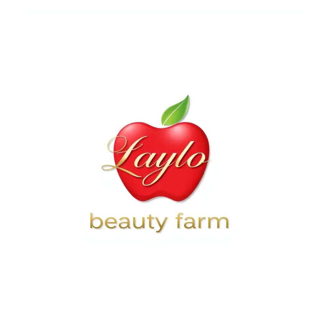 A photo of a luxurious and high-end logo for a beauty brand called 'Laylo Beauty Farm'. The logo features a bold, vibrant red apple shape with a small, lively green leaf on top. Inside the apple, the text 'Laylo' is written in an elegant, sophisticated cursive font, with 'beauty farm' written below in a modern, clean sans-serif font. The leaf and text are gold. The background is bright white. The overall design conveys freshness, allure, and professionalism.