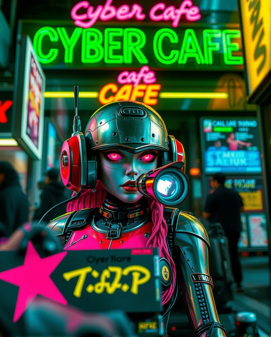 Robo-pop, cyber cafe poster, bold colours, neon, screen print, tank girl, robo-punk, scrap metal, cyber written in bold letters, cyber-punk scenery, tilt shift, forced perspective, dark, shadowy, urbanism, rush hour, menacing, majestic, mysterious, mystical, ethereal, fantasy, intricate details, vivid colours, cinematic beauty, psychedelic, polished, 4K, Chris Foss, Jim Burns, Jean Giraud