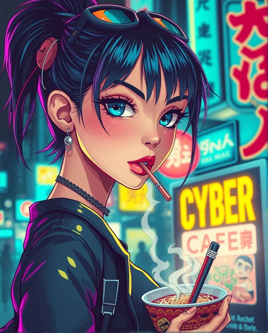 Cyberpunk chick with a steaming ramen, noodles, cyber cafe poster, bold colours, neon, screen print, tank girl, robo-punk, scrap metal, cyber written in bold letters, cyber-punk scenery, tilt shift, forced perspective, dark, shadowy, urbanism, rush hour, menacing, majestic, mysterious, mystical, ethereal, fantasy, intricate details, vivid colours, cinematic beauty, psychedelic, polished, 4K, Chris Foss, Jim Burns, Jean Giraud